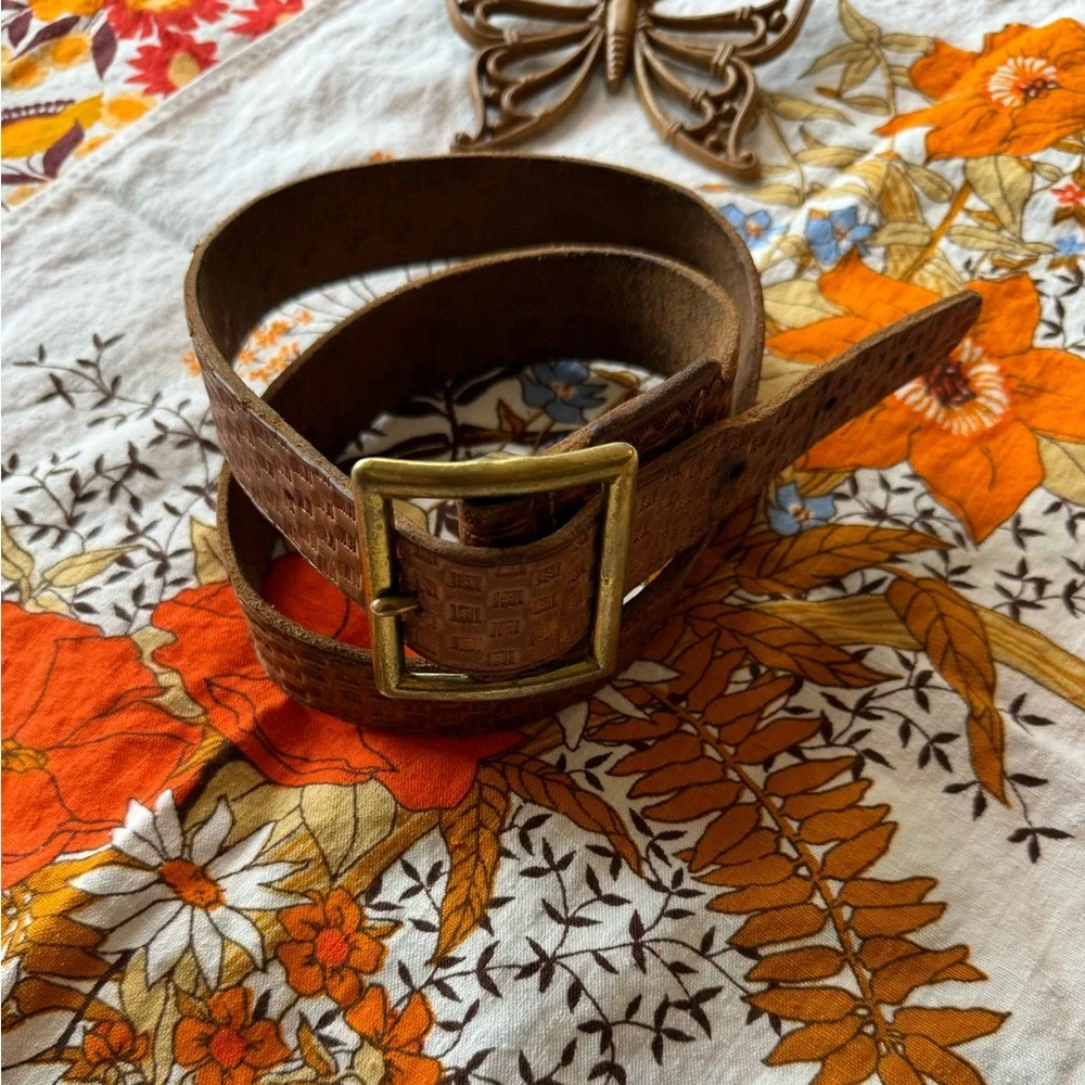 Vintage Brown Checkered Embossed Leather Belt Size 38 Made In Palmer Alaska